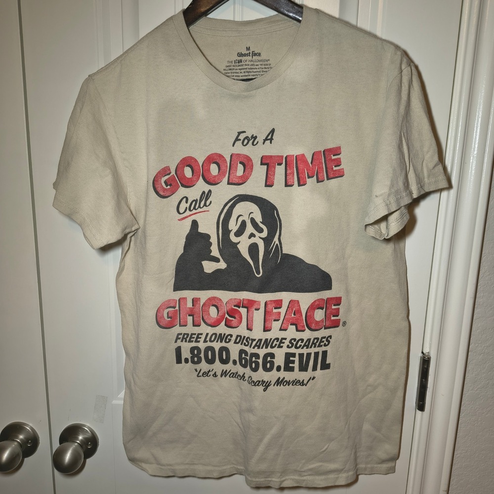 Ghost Face Scream Movie T-Shirt Mens Medium Tan For A Good Time Call Graphic Tee